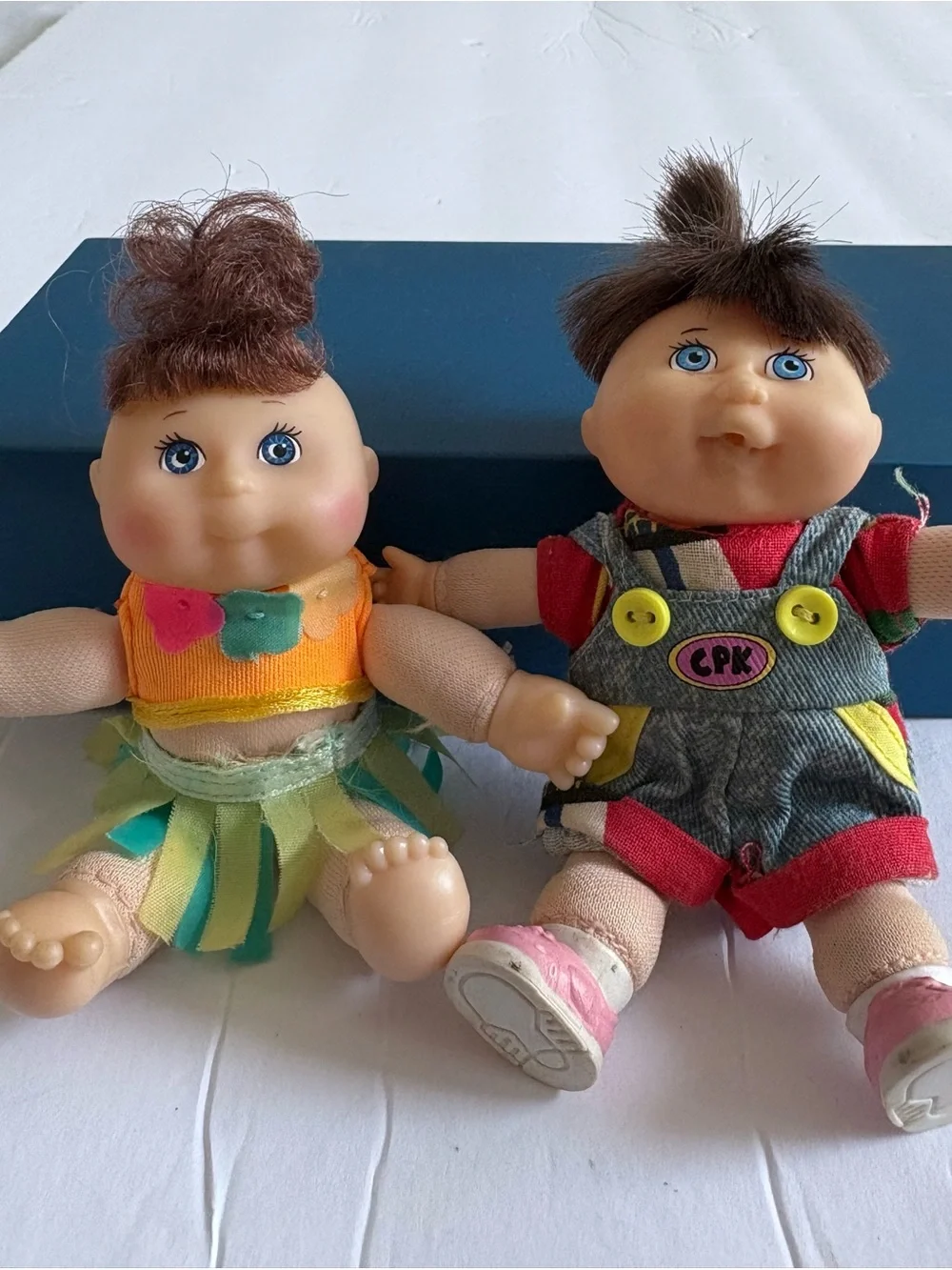 Vintage 1995 Mattel CPK Twin Dolls in Orange, Green & Denim-Style Outfits